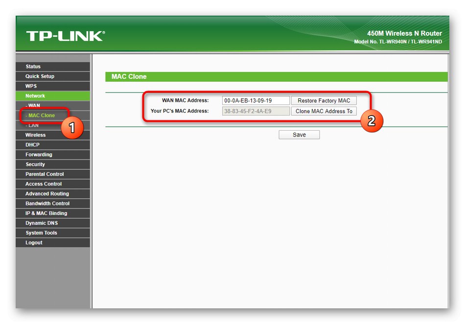 Ръчно клониране на физическия адрес на маршрутизатора TP-Link TL-WR940N чрез уеб интерфейса