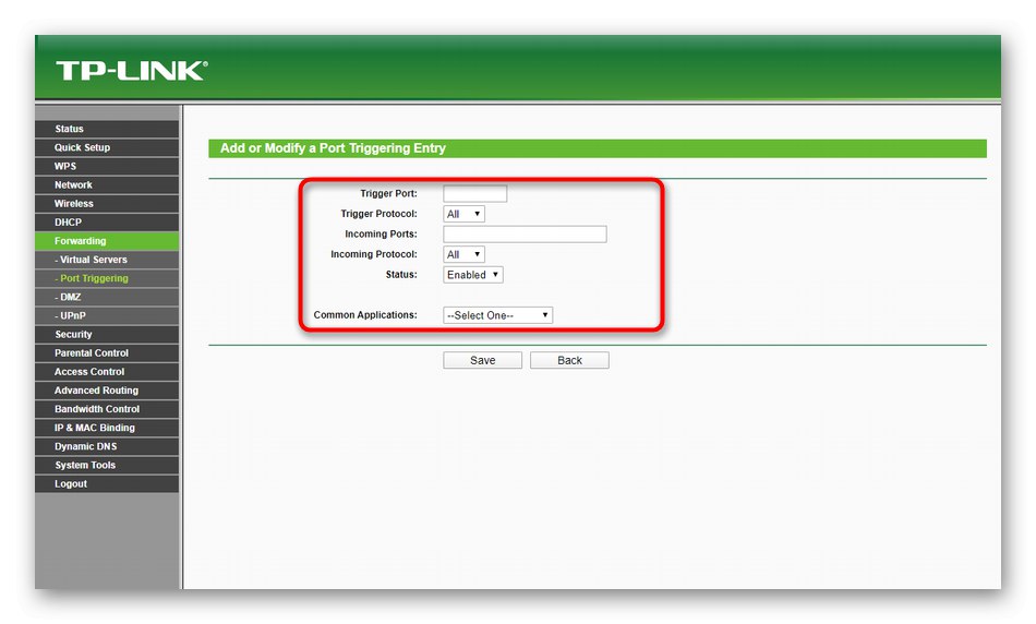 Избор на параметри за пренасочване на портове в настройките на маршрутизатора TP-Link TL-WR940N