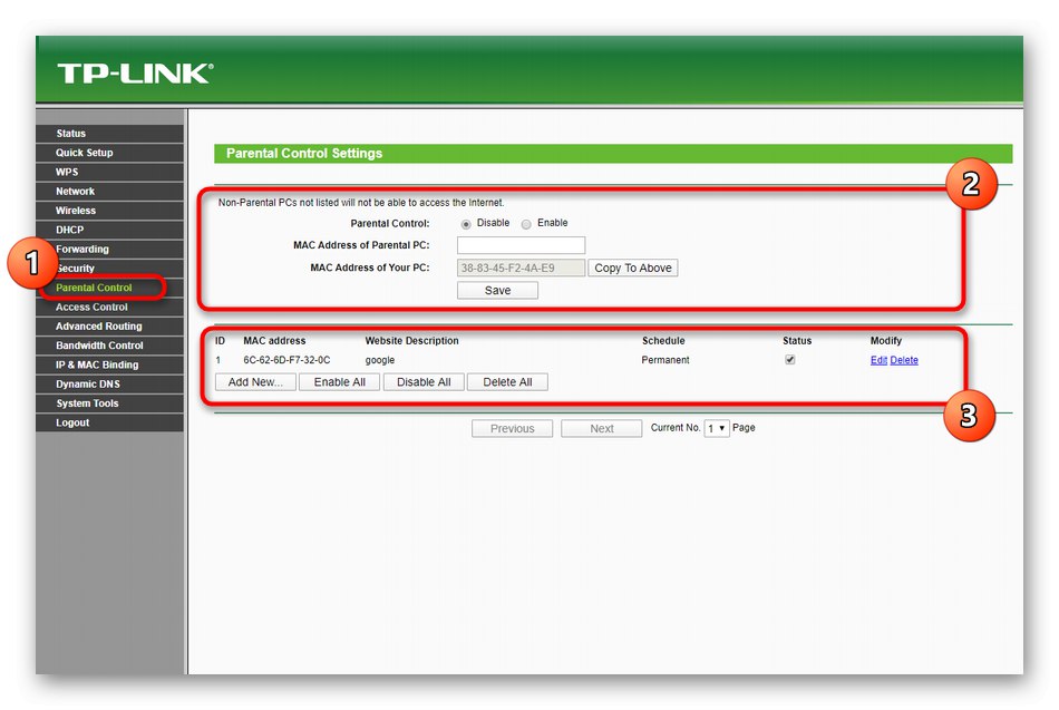 Конфигуриране на настройките за родителски контрол при конфигуриране на маршрутизатор TP-Link TL-WR940N