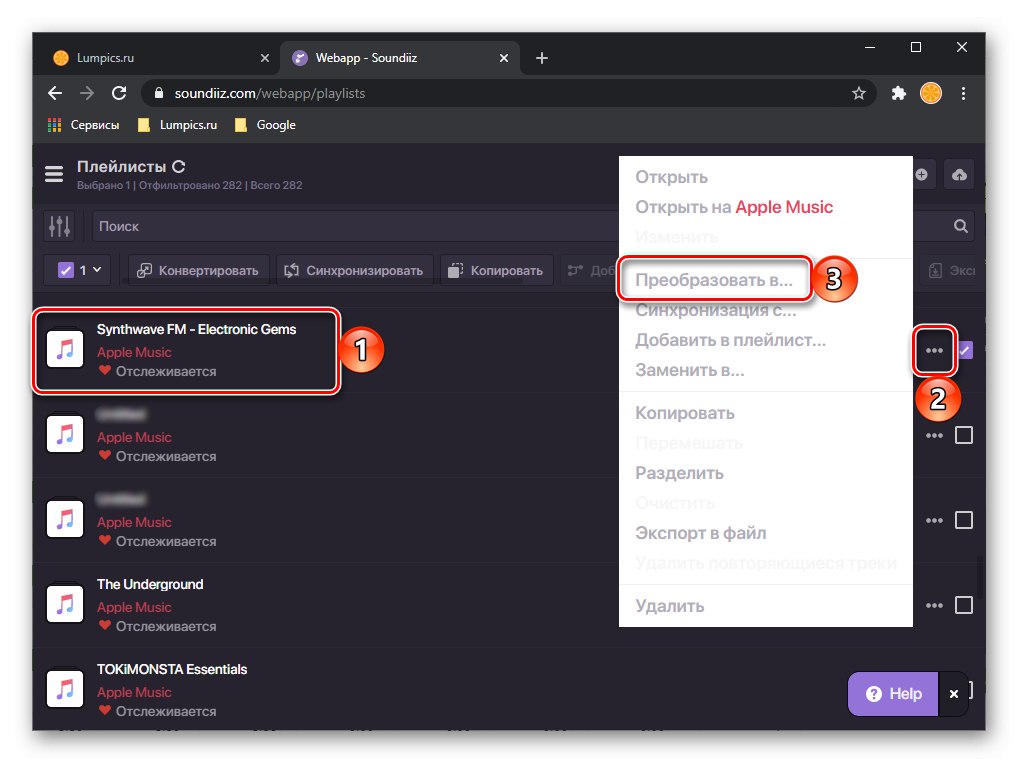 Výber zoznamu skladieb Apple Music na prenos do Spotify prostredníctvom služby Soundiiz v prehľadávači na PC