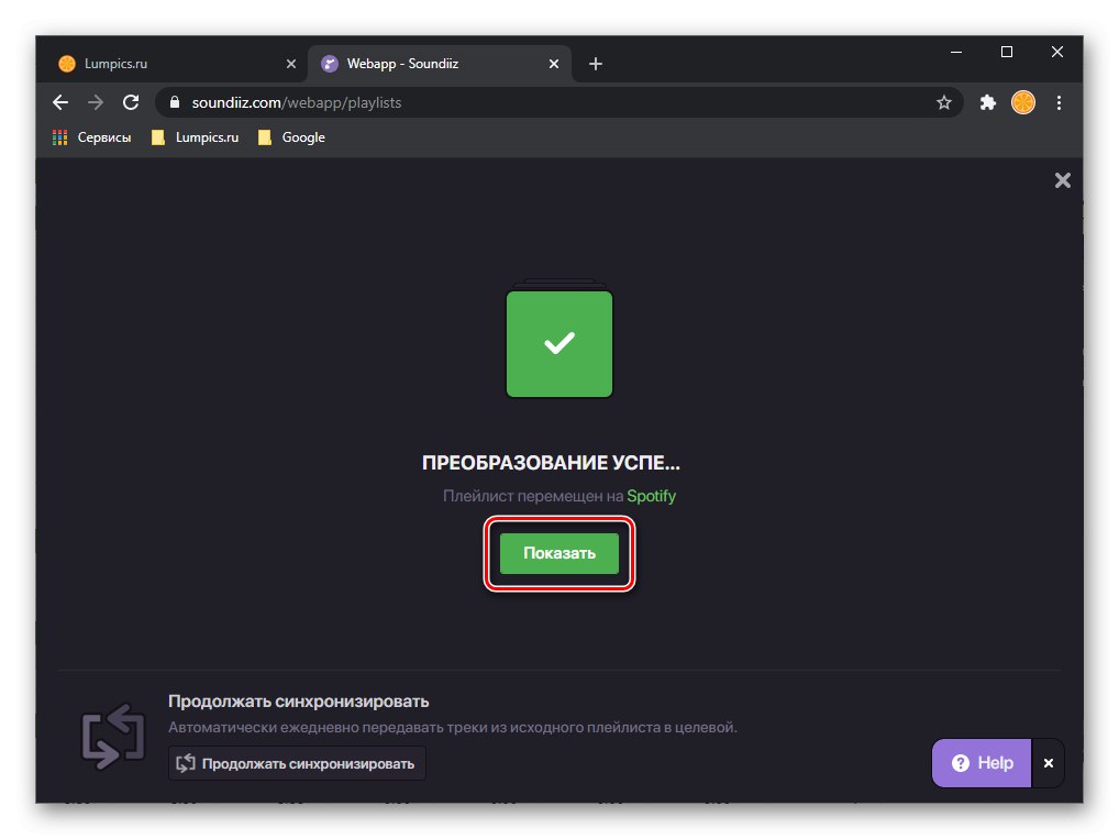 Výsledok úspešného prenosu zoznamu skladieb z Apple Music do Spotify prostredníctvom služby Soundiiz v prehliadači na PC