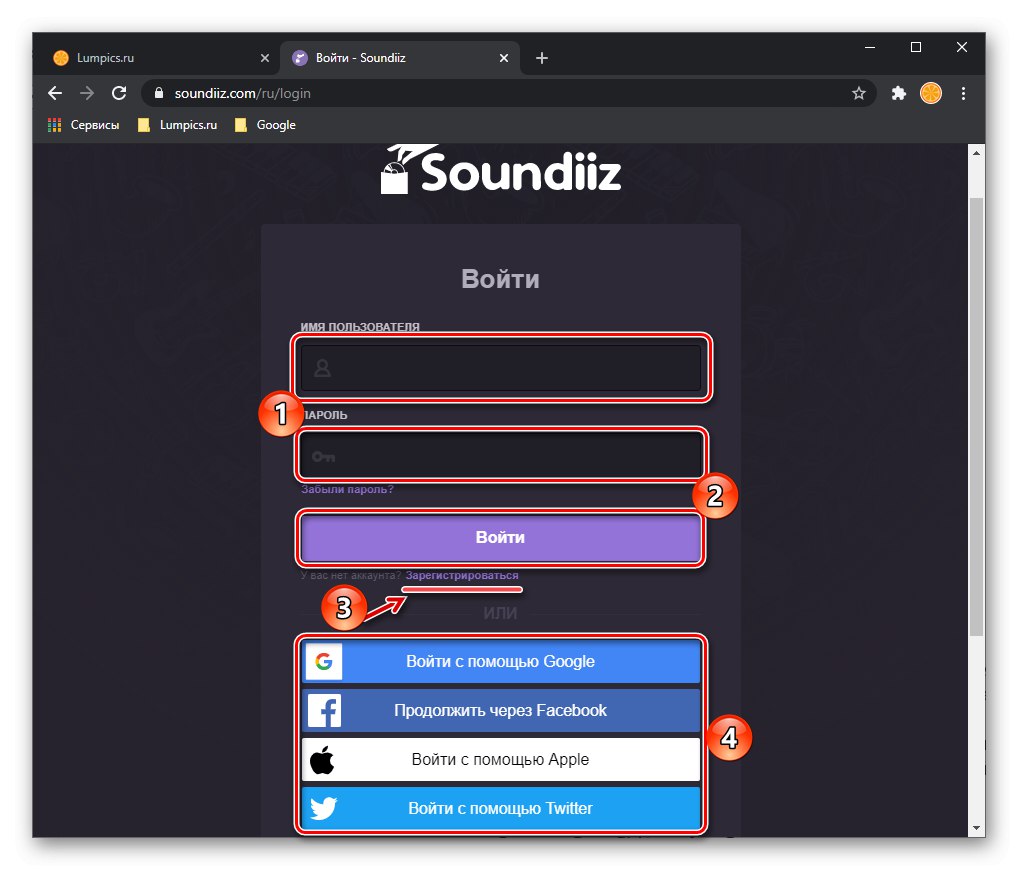 Možnosti prihlásenia a registrácie do Soundiiz v prehliadači na PC