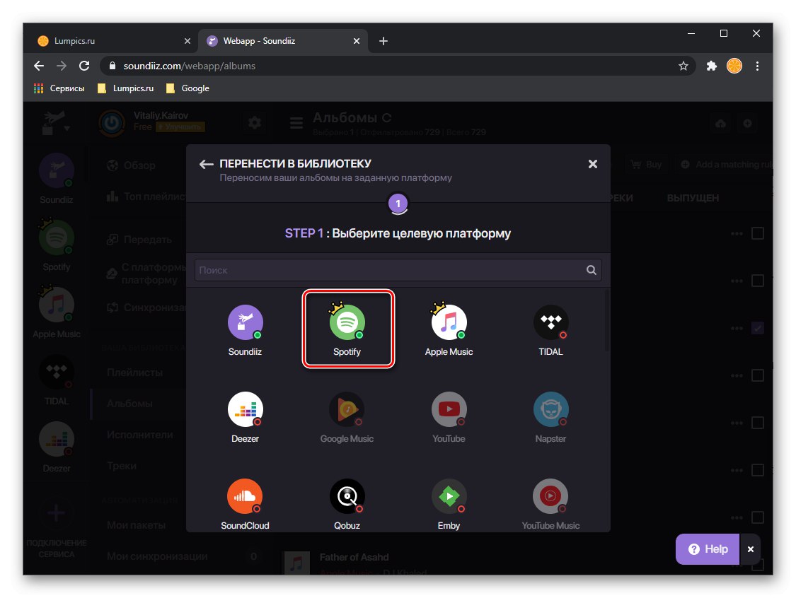 Výber platformy na prenos albumu z Apple Music do Spotify na webe Soundiiz v prehliadači na PC