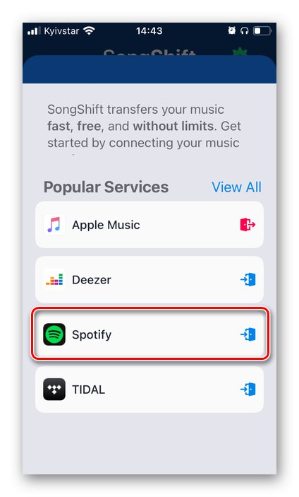 Výber Spotify v aplikácii SongShift na prenos hudby z Apple Music do iPhone