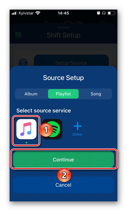 Zdroj vybraný v aplikácii SongShift na prenos hudby z Apple Music do Spotify do iPhone