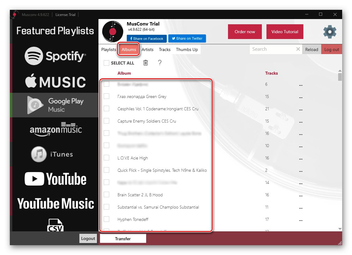 علامة تبويب الألبومات لنقل الموسيقى من موسيقى Google Play إلى Spotify في برنامج MusConv
