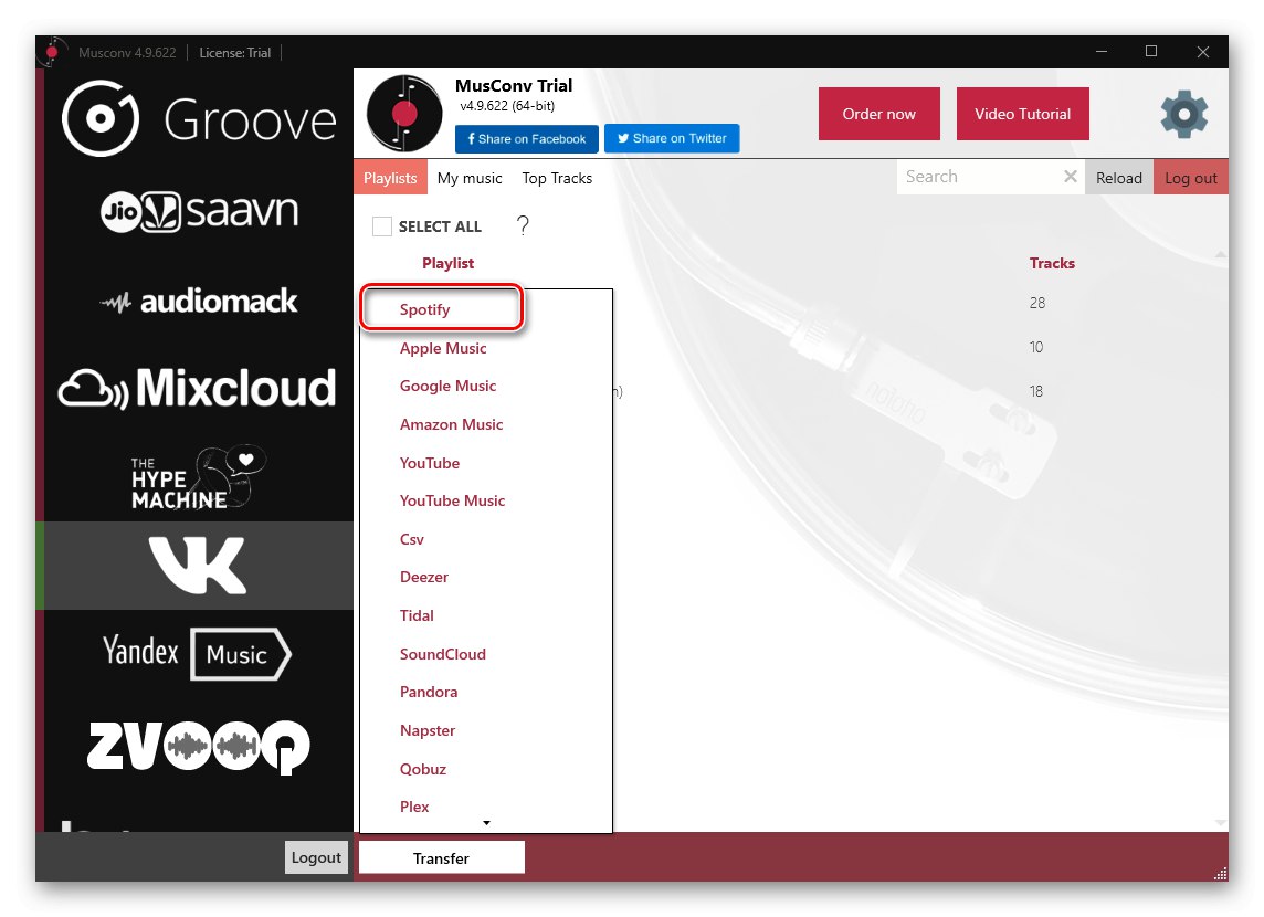 Wybieranie usługi końcowej w programie MusConv do przesyłania muzyki z VKontakte do Spotify na PC
