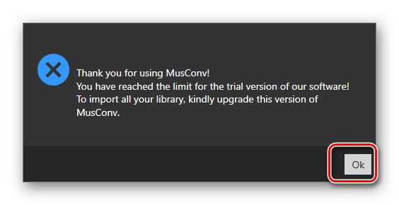 Powiadomienie o ograniczeniach w programie MusConv do przesyłania muzyki z VKontakte do Spotify na PC