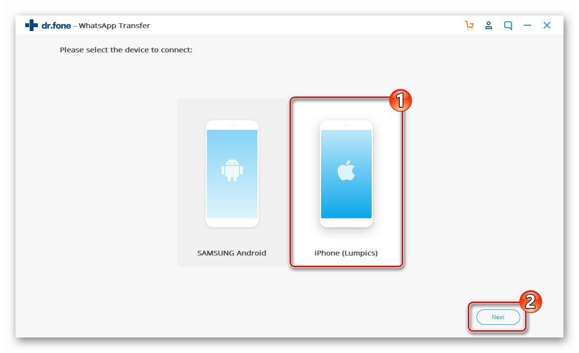 Dr.fone WhatsApp Transfer wybór iPhone'a wśród urządzeń podłączonych do programu do tworzenia kopii zapasowych