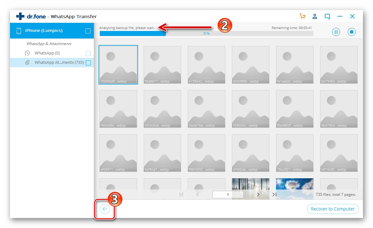 Dr.fone WhatsApp Transfer przegląda kopię zapasową utworzoną przez program przed wdrożeniem go na Androida