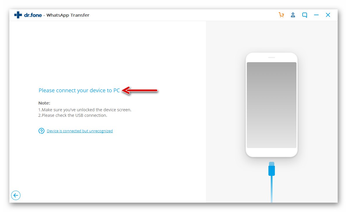Dr.fone WhatsApp Transfer łączy smartfon z Androidem w celu wdrożenia kopii zapasowej iPhone'a