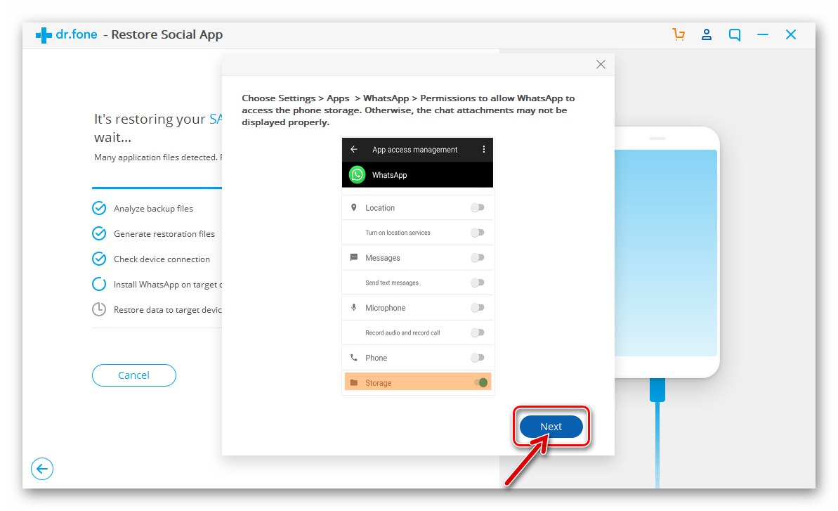 Dostęp WhatsApp do pamięci urządzenia z systemem Android na żądanie programu dr.fone jest zapewniony