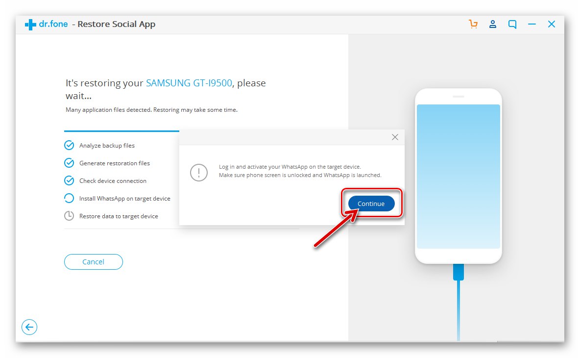 Dr.fone Narzędzie WhatsApp Transfer Restore zalogowane do komunikatora, oprogramowanie nadal działa