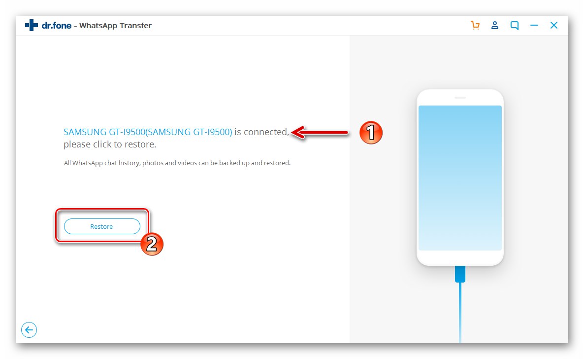 Dr.fone WhatsApp Transfer urządzenie z Androidem jest podłączone, przejście do wdrożenia na nim kopii zapasowej komunikatora