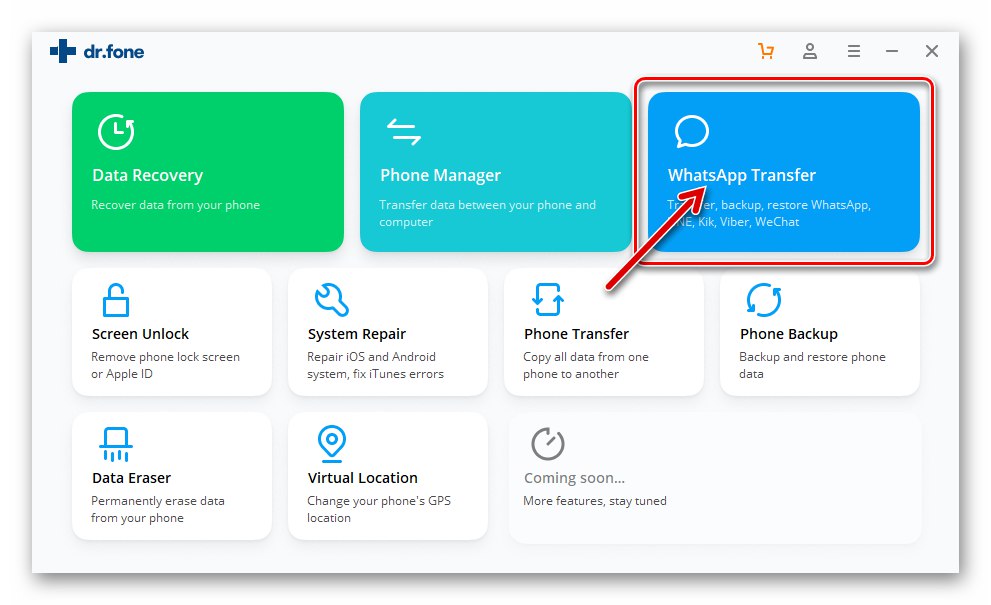 Wondershare Dr.fone WhatsApp Transfer pokrenite aplikaciju, idite na uslužni program za prijenos glasnika