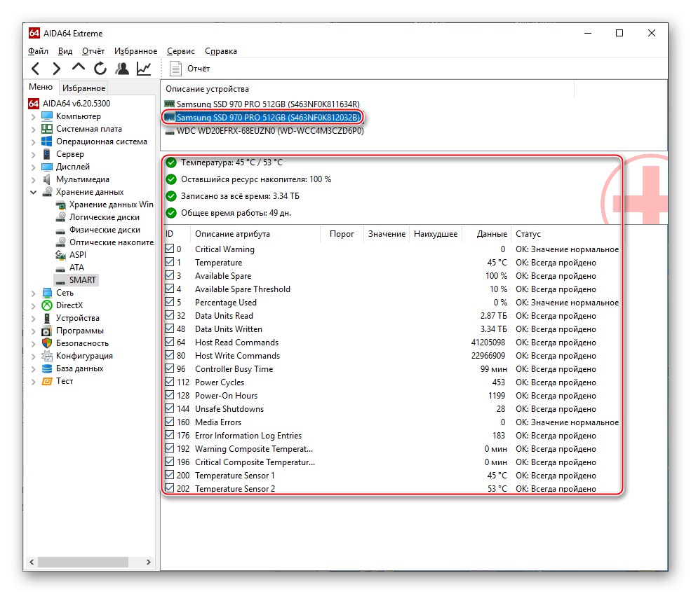 Data společnosti S.M.A.R.T. pro disk SSD v AIDA64
