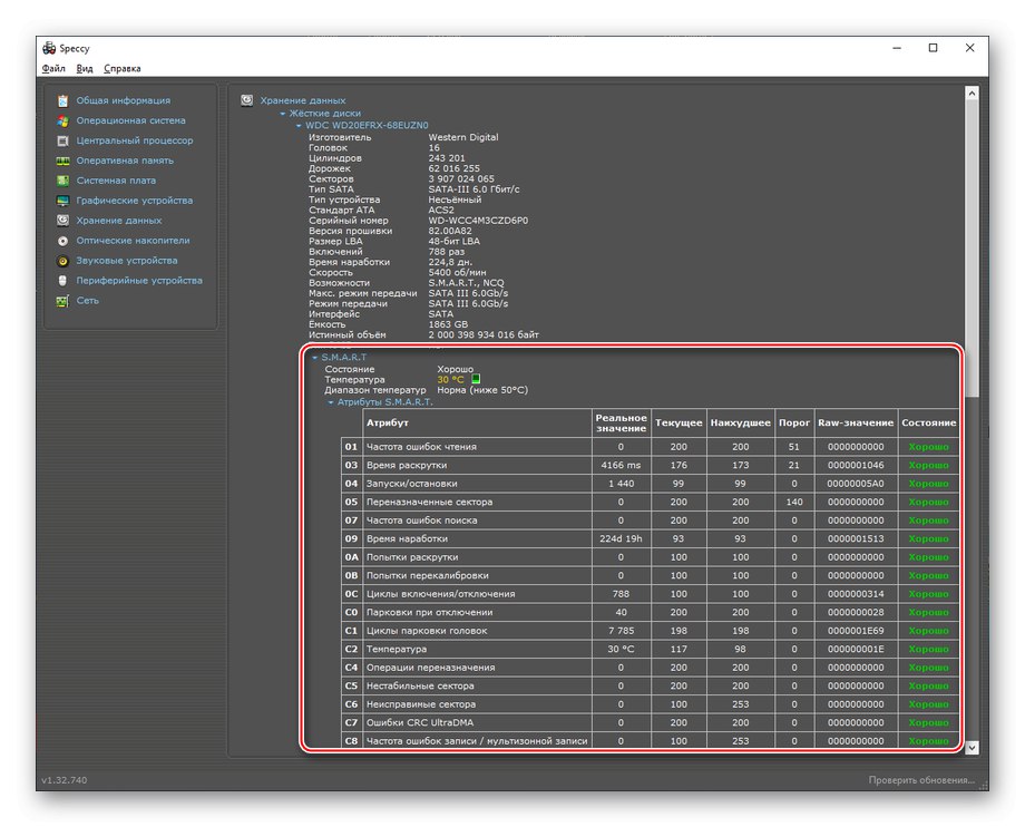 Záložka Data Storage a S.M.A.R.T. pro pevný disk ve Speccy