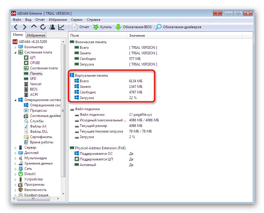 Преглед на информация за виртуална памет в AIDA64