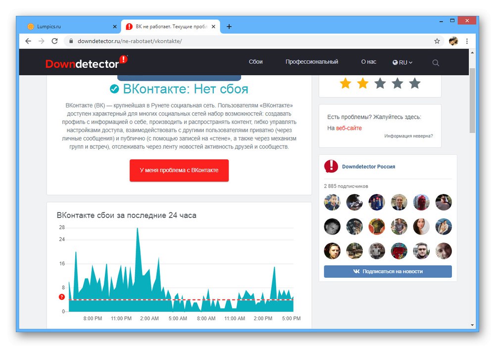 Проверка на VK грешки с помощта на услугата Downdetector