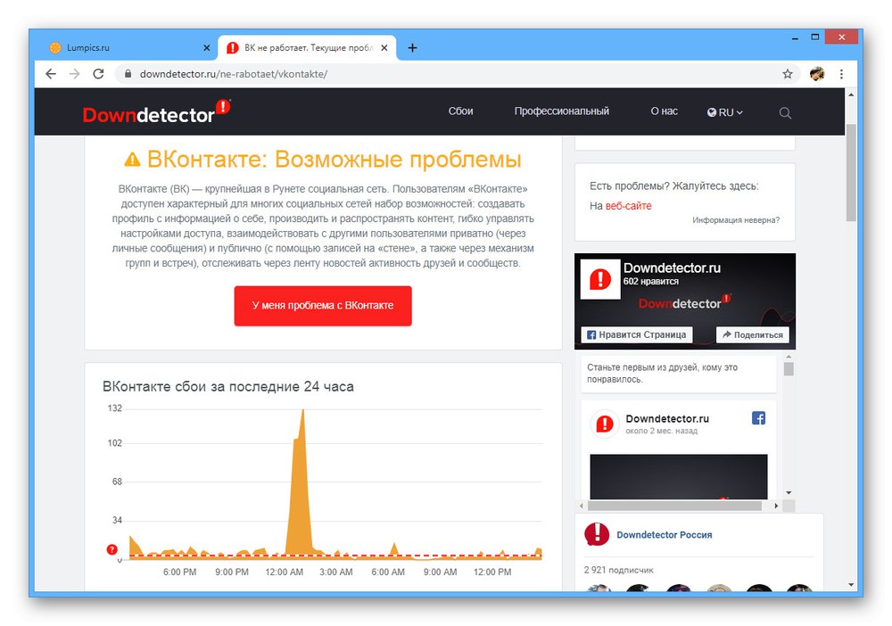 Ogled stanja VKontakte na spletnem mestu Downdetector