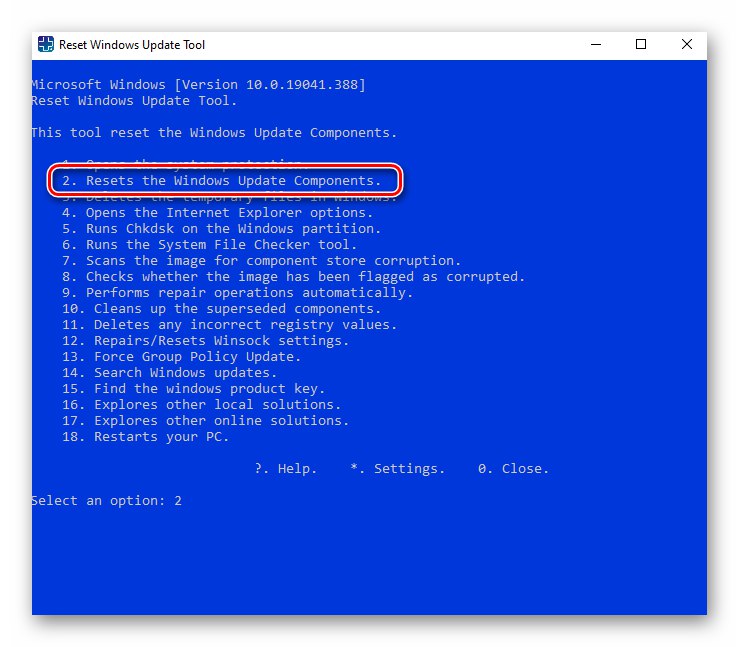 Изборът нулира компонентите на Windows Update в Reset Windows Update Tool