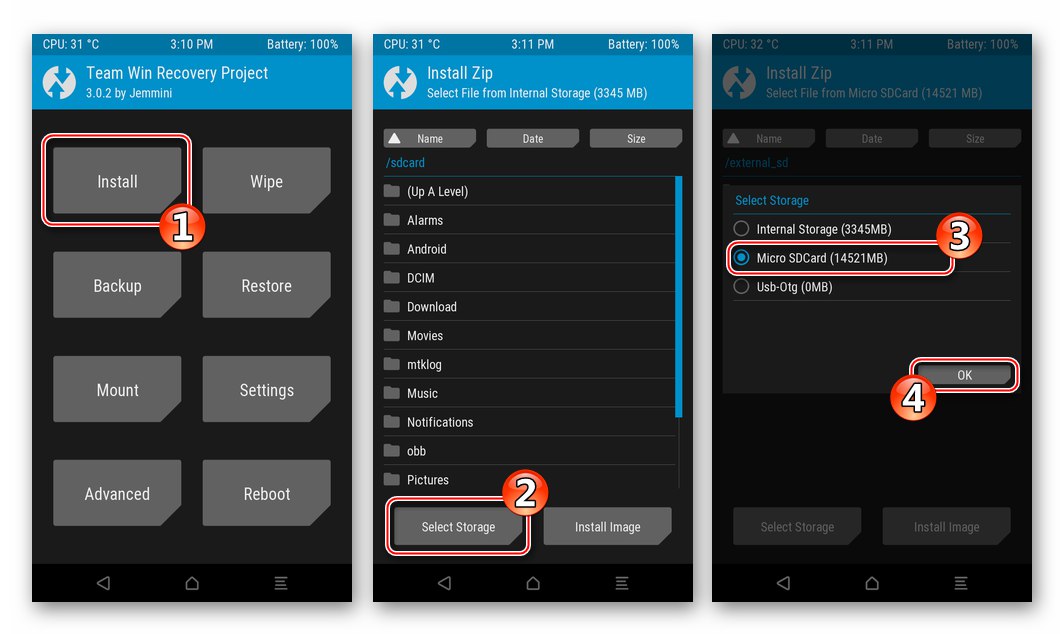 اختيار ZTE Blade X3 TWRP بطاقة ذاكرة كموقع تخزين لحزمة SuperSu للتثبيت في الجهاز