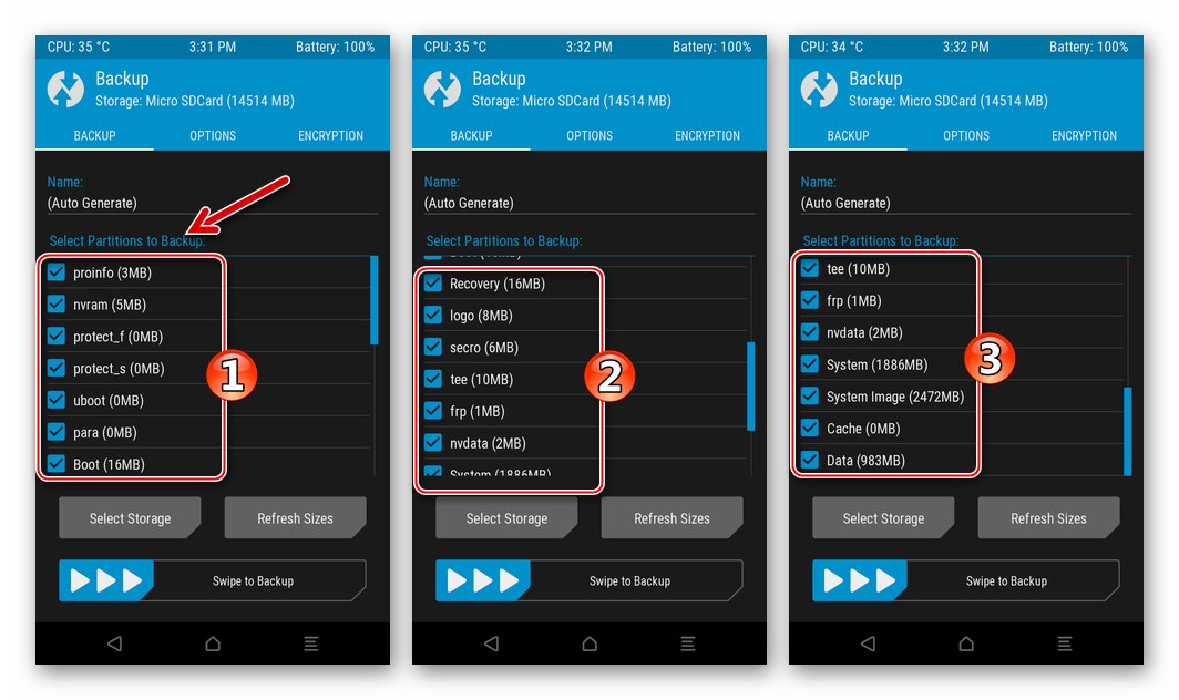 اختيار ZTE Blade X3 لجميع أقسام ذاكرة الجهاز في TeamWin Recovery لحفظها في النسخ الاحتياطي