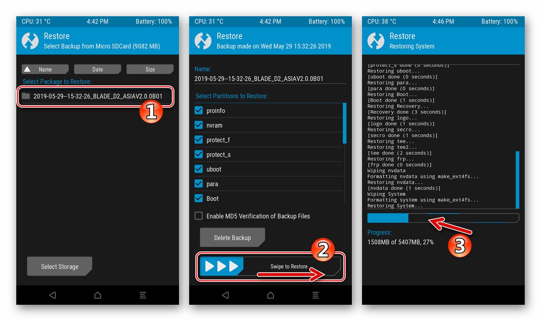 عملية استرداد ZTE Blade X3 TWRP OS من النسخ الاحتياطي Nandroid من خلال الاسترداد