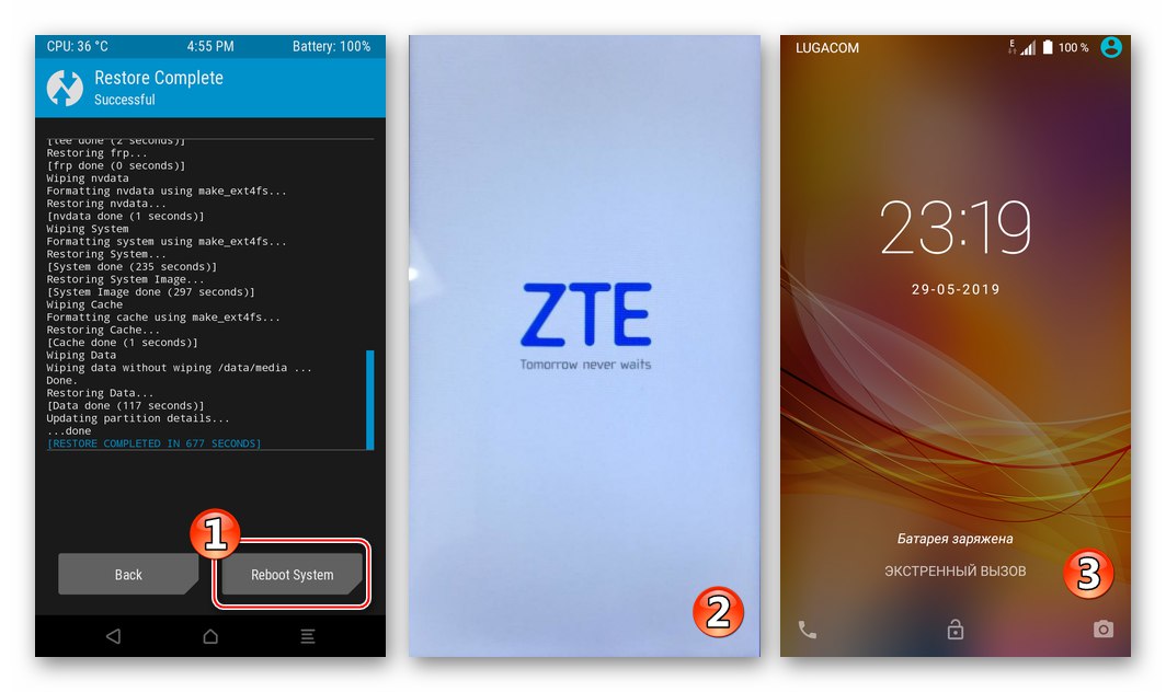 اكتمل استرداد ZTE Blade X3 للبرامج الثابتة الرسمية من النسخ الاحتياطي عبر TWRP ، وإعادة التشغيل في النظام