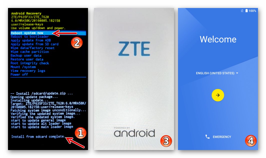 إعادة تشغيل ZTE Blade X3 في Android بعد وميض استعادة المصنع