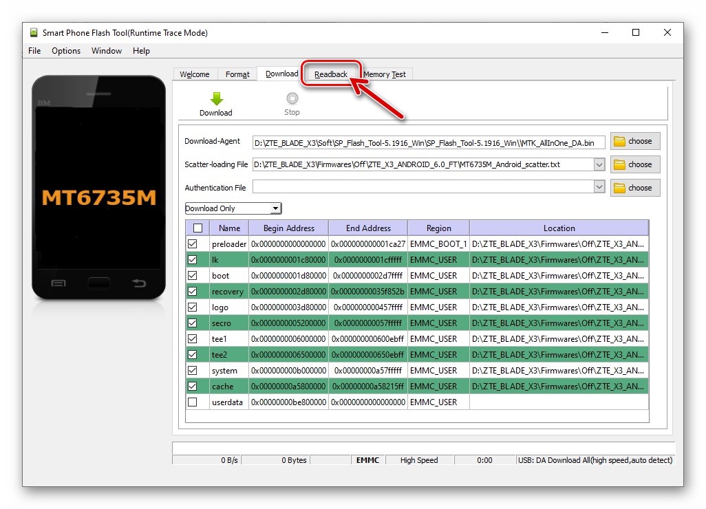 ZTE Blade X3 انتقل إلى علامة التبويب Readback في تطبيق SP Flash Tool لقراءة تفريغ NVRAM من ذاكرة الجهاز