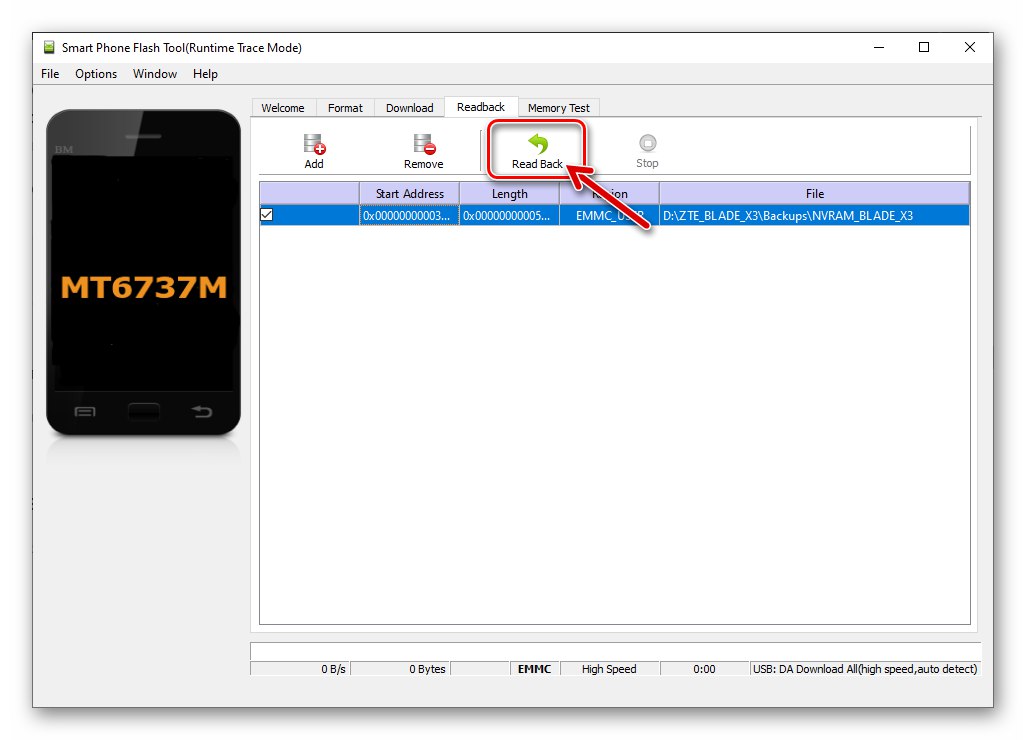 زر ZTE Blade X3 الذي يبدأ قراءة تفريغ NVRAM في نافذة أداة SP Flash
