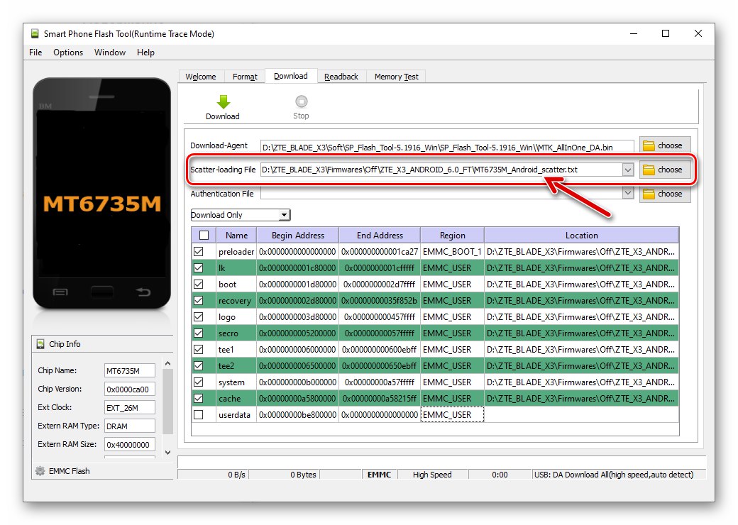 البرامج الثابتة ZTE Blade X3 عبر أداة SP Flash Tool - تحميل ملف مبعثر في التطبيق