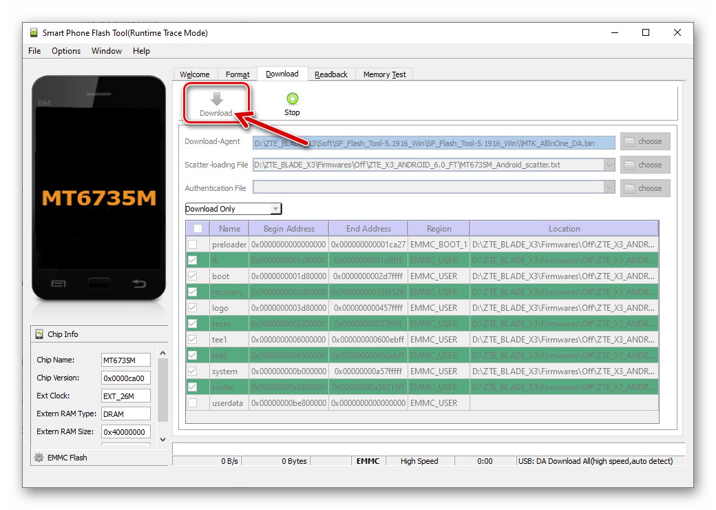 زر تنزيل أداة ZTE Blade X3 SP Flash Tool في نافذة التطبيق لبدء وميض الجهاز