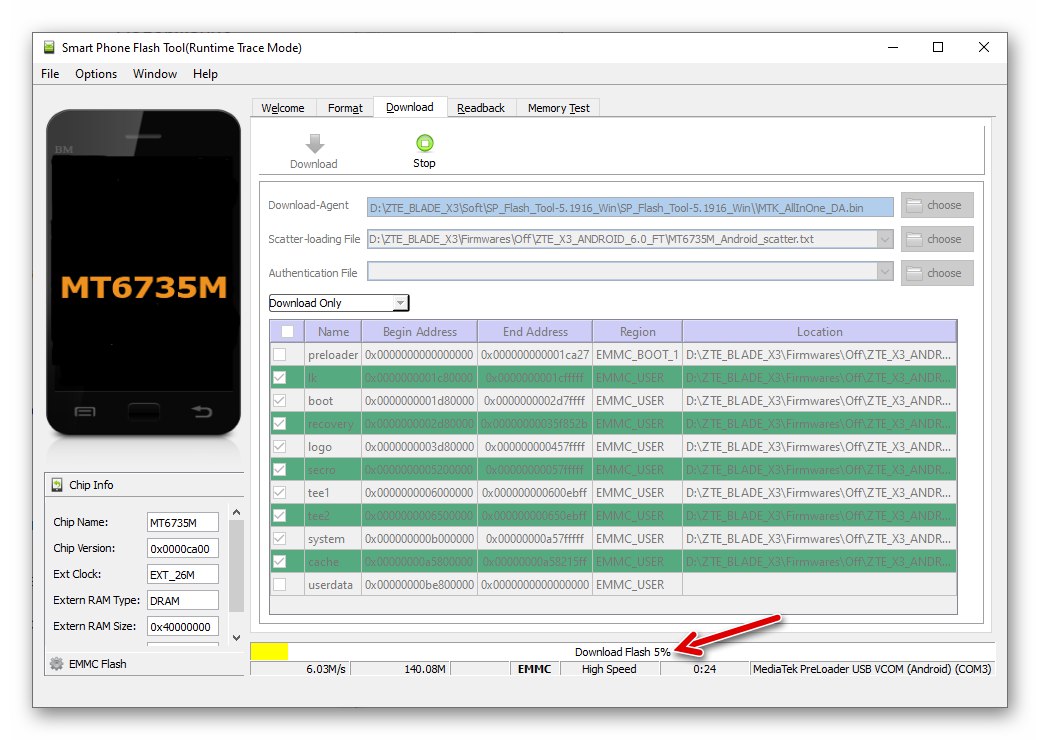 أداة ZTE Blade X3 SP Flash Tool - بدأت عملية وميض الجهاز من خلال التطبيق