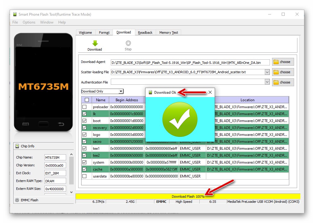 اكتمل وميض الهاتف الذكي ZTE Blade X3 عبر أداة SP Flash Tool