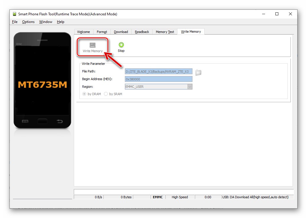 تبدأ أداة ZTE Blade X3 SP Flash في كتابة تفريغ NVRAM في ذاكرة الجهاز