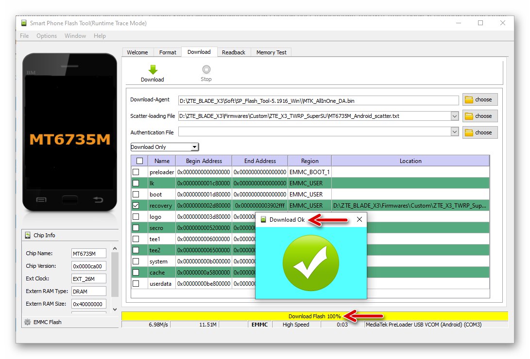 تومض صورة استرداد TWRP المخصصة ZTE Blade X3 عبر أداة SP Flash بنجاح
