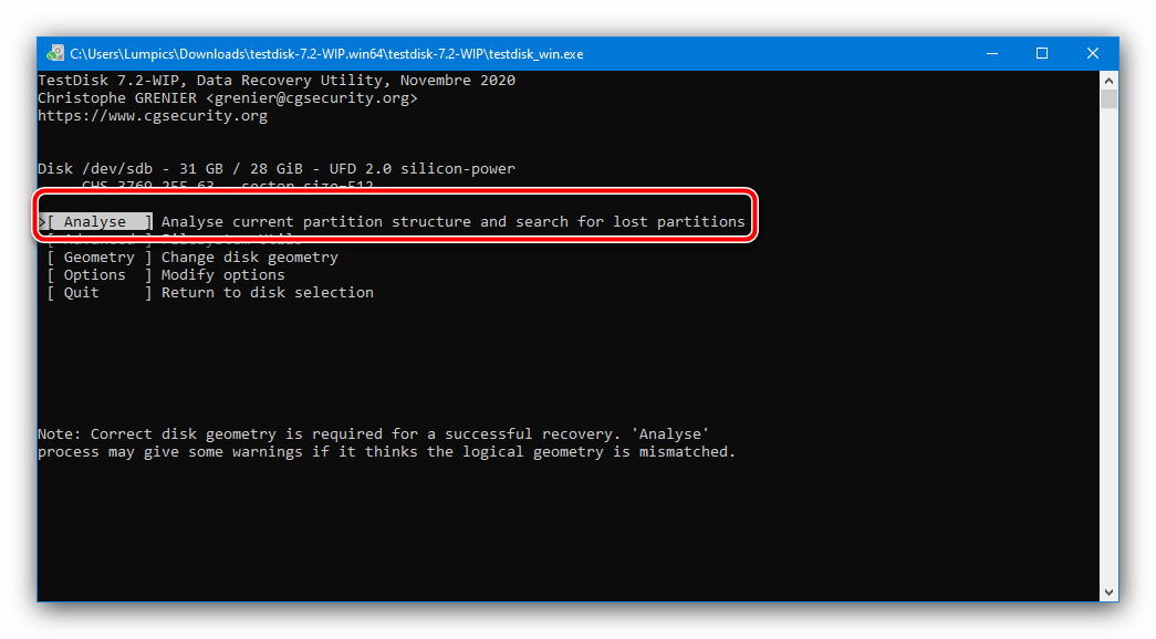 Przeanalizować nośnik w TestDisk w celu rozwiązania problemu "Nie można sprawdzić dysku, ponieważ jest niedostępny"