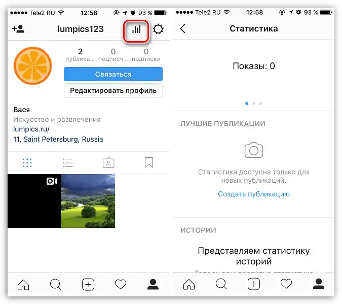 Приклад перегляду статистики облікового запису в додатку Instagram
