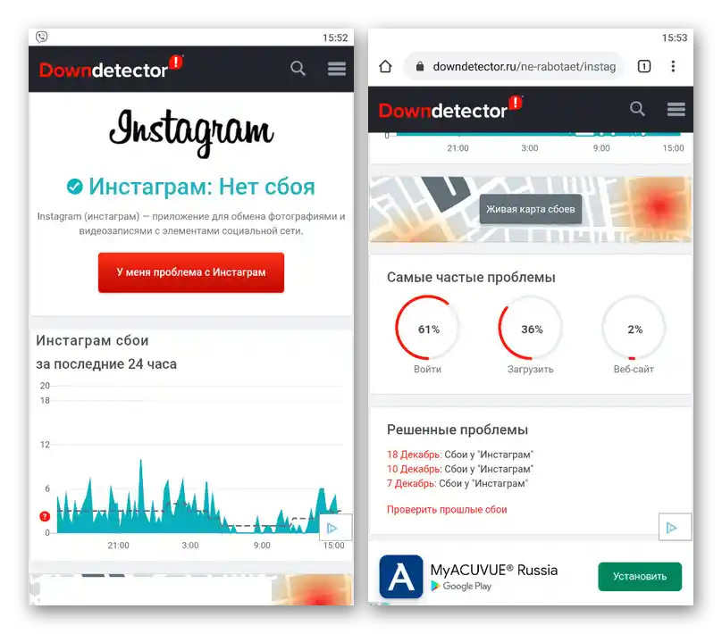 Перевірка статусу роботи Instagram на веб-сайті Downdetector