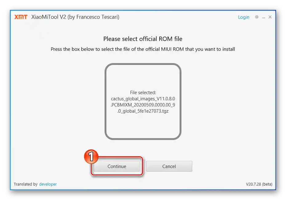 Redmi 6A XiaoMiTool V2 potvrdenie prechodu k inštalácii uvedeného tgz súboru firmvéru na smartfóne