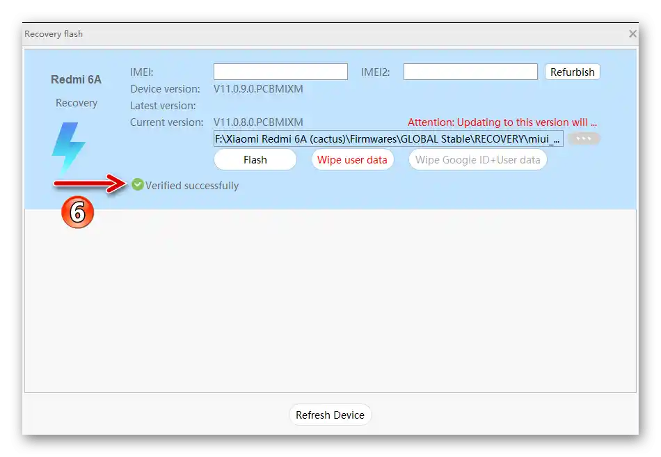 Kontrola nahratého súboru firmvéru v programe MiFlash PRO pre Xiaomi Redmi 6A bola úspešne dokončená