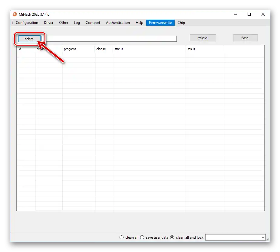 Xiaomi Redmi 6A (cactus) MiFlash tlačidlo na načítanie firmvéru v programe - select