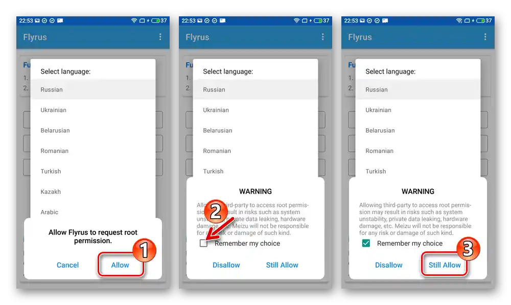 Meizu M5 Note Flyme OS 8 A rusifikácia cez Flyrus - poskytnutie root práv aplikácii