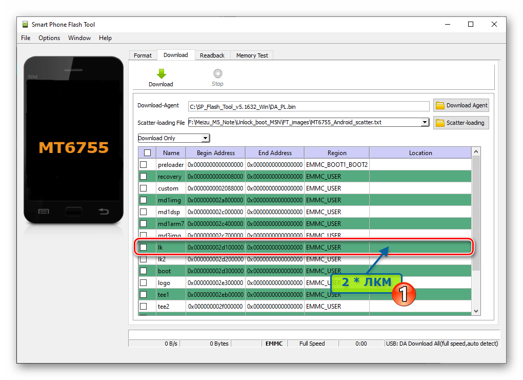 Odomknutie bootloadera v sekcii lk v programe SP Flash Tool pre Meizu M5 Note