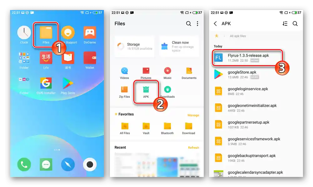 Otváranie apk súboru rusifikátora systému Flyrus v Prieskumníkovi OS na Meizu M5 Note Flyme OS 8