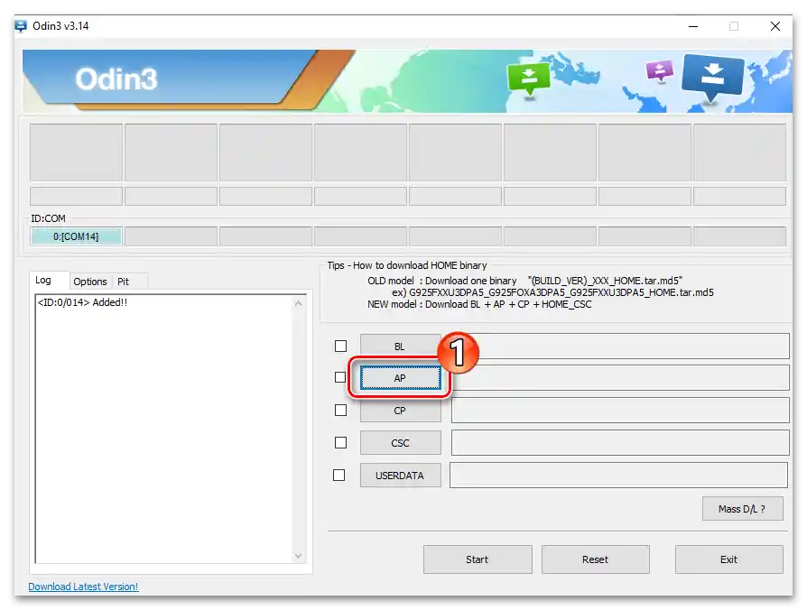 Samsung Galaxy S5 (SM-G900FD) Odin tlačidlo AP na načítanie do programu na aktiváciu root práv na smartfóne balíka CF Auto-Root