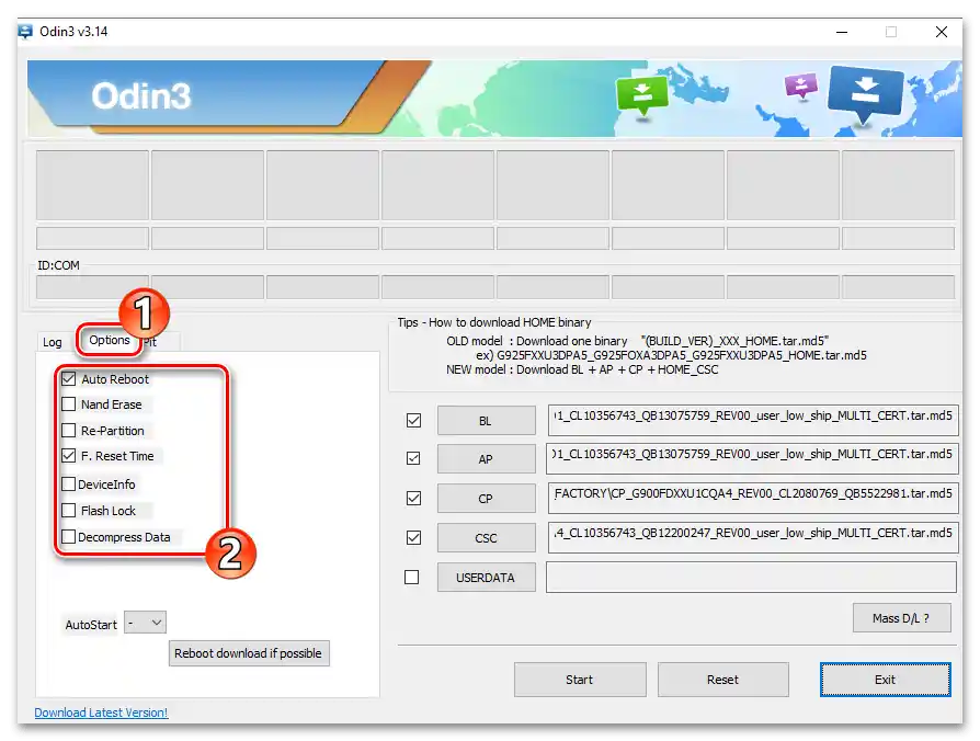 Samsung Galaxy S5 (SM-G900FD) ODIN karta Optoins v programe pred inštaláciou viacfázového firmvéru na smartfón