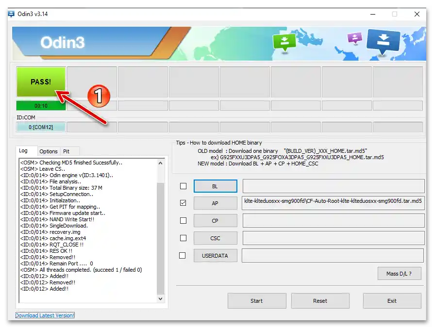 Integrácia balíka CF Auto-Root cez program Odin do smartfónu Samsung Galaxy S5 (SM-G900FD) bola dokončená
